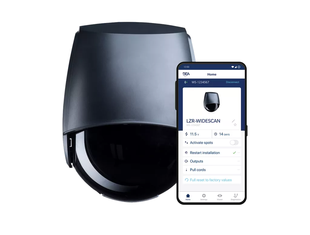 Industrial 30 Sensor LZR Widescan de la marca BEA en color negro con una vista a la aplicación de monitoreo.