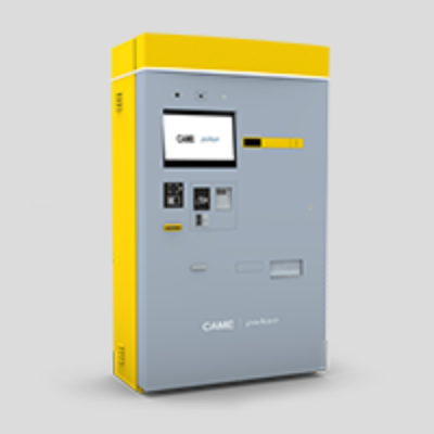 Sistemas de Parking 5 Cajero para pago con tarjetas y efectivo CAME PARKARE PKE en tonalidad amarilla.