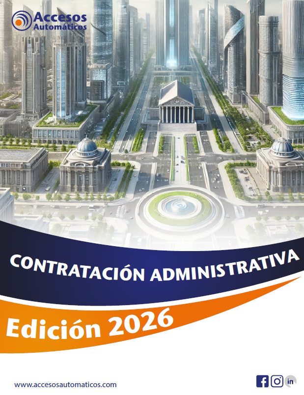Portada del catálogo de “Contratación Administrativa – Edición 2026” de Accesos Automáticos. Presenta una vista aérea de una ciudad gobierno moderna con arquitectura monumental y rascacielos, una avenida central amplia con una rotonda y edificios institucionales simétricos a ambos lados. El logotipo de la empresa aparece en la parte superior izquierda y el título está enmarcado por elementos gráficos curvos en azul y naranja. En la parte inferior se incluye el sitio web www.accesosautomaticos.com y los íconos de redes sociales.