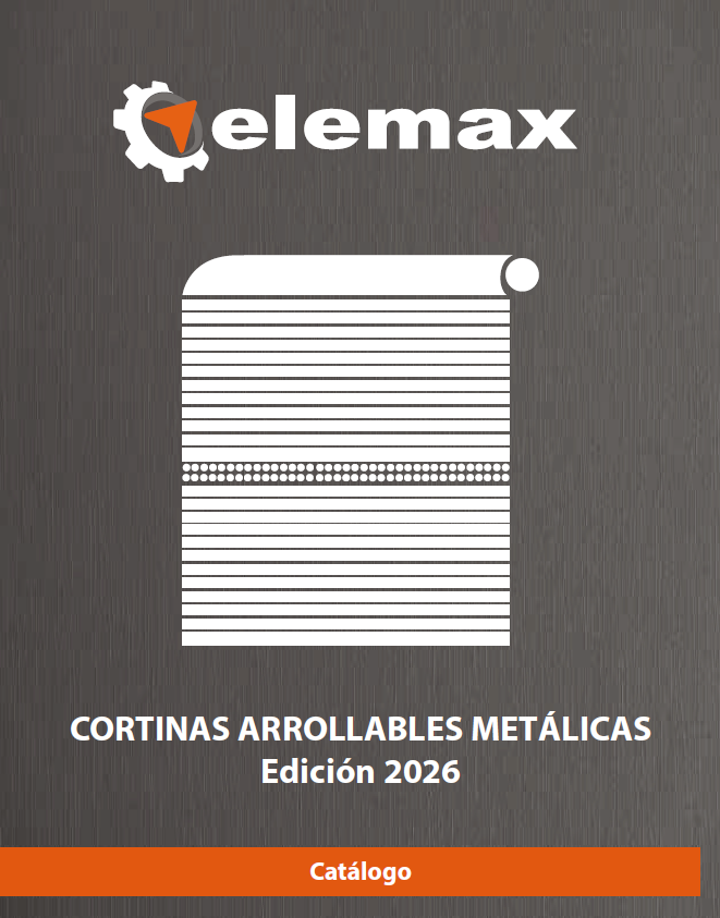 Catálogo Elemax Cortinas Arrollables Metálicas Edición 2025 con icono estilizado de cortina enrollable, logo Elemax y fondo gris, destacando soluciones de puertas metálicas automáticas, motorización, enrollables de seguridad y sistemas de control de acceso industrial.