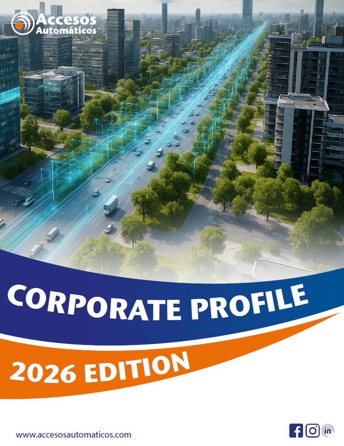 Cover page of “Accesos Automáticos – Corporate Profile 2026 Edition” featuring a futuristic aerial view of a modern city with a wide highway illuminated by blue digital light lines, symbolizing smart mobility and automation. The company logo appears at the top left, with bold curved blue and orange graphic elements framing the title. The website www.accesosautomaticos.com and social media icons are displayed at the bottom.