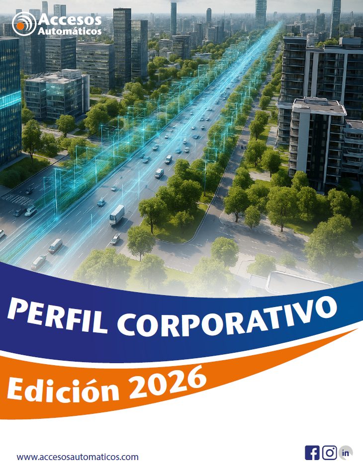 Portada de perfil corporativo de Accesos Automáticos en su edición 2026 con el sitio web y los símbolos de las redes sociales facebook, instagra, y linkedin.