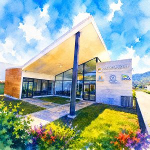 Dibujo estilo arquitectónico de la entrada de un edificio del área de salud, con un letrero que indica COOPESALUD SRL.