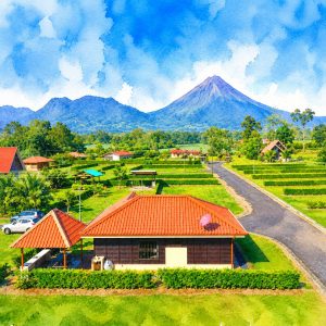Dibujo estilo arquitectónico de un paisaje costarricense en San Carlos con el volcán arenal de fondo. Como foco central hay una casa.