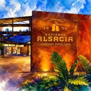 Dibujo estilo arquitectónico de un portón metálico con un rótulo con las palabras de arriba hacia abajo Costa Rica, 1970, Hacienda Alsacia, Starbucks Coffee Farm.