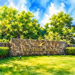Dibujo estilo arquitectónico de un rótulo con las palabras hacienda pinillla y un ave cómo logotipo superpuesto en una pared de piedra rodeado de vegetación.