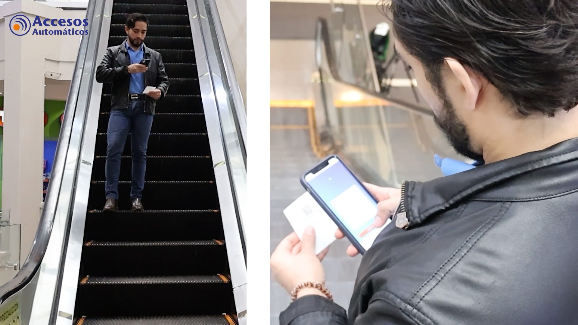 Imagen divida en dos. En la izquierda se ve a un hombre bajando las escaleras eléctricas con su celular en la mano, a la derecha el mismo hombre con su celular pagando el parqueo con la aplicación móvil de pago.