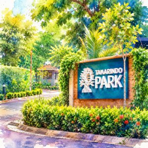 Dibujo estilo arquitectónico de un rótulo con las palabras tamarindo Park superpuesto en una pared de lisa rodeado de vegetación.