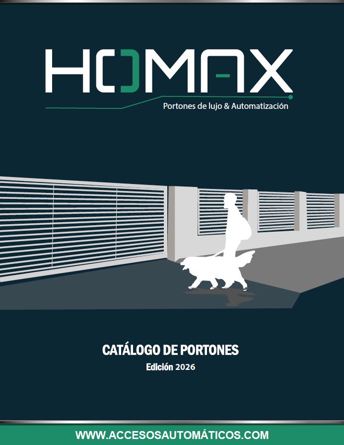 Portada de catálogo de portones de lujo de Accesos Automáticos en su edición 2026 con el sitio web y los símbolos de las redes sociales facebook, Instagram, y linkedin.